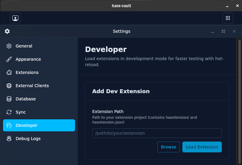 haex-vault developer settings showing the add dev extension section